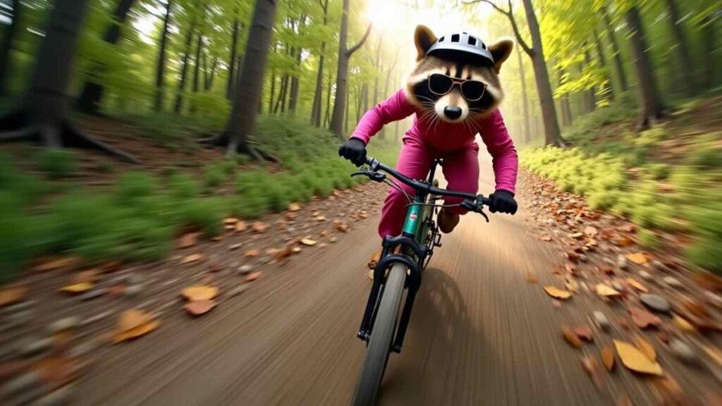 Eine dynamische Actionaufnahme, aufgenommen von einem pinken Waschbären mit einer GoPro Hero 11-Kamera. Das Bild ist energiegeladen und leicht geneigt, was zu seiner Spontaneität beiträgt. Motiv: Ein Pinker, abenteuerlustiger Waschbär, der mit Helm und Sonnenbrille mit dem Mountainbike einen Trail hinunterfährt. Vordergrund: Ein unbefestigter Weg mit Steinen und heruntergefallenen Blättern, die verstreut sind, während er darüber reitet. Hintergrund: Ein üppiger, grüner Wald mit Sonnenstrahlen, die durch die Bäume dringen, wobei die Bewegungsunschärfe das Gefühl von Geschwindigkeit verstärkt.
