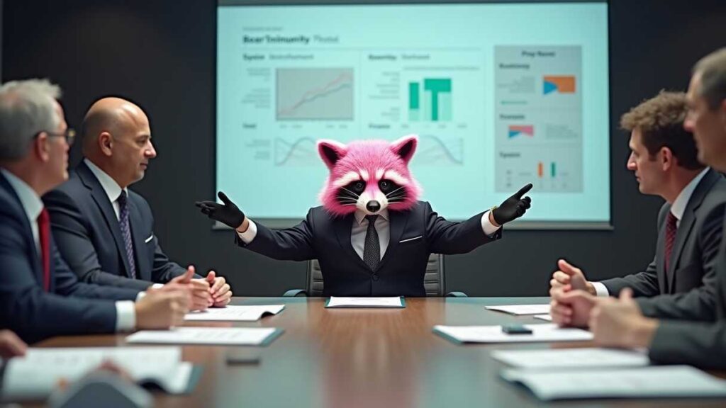 Waschbär mit pinken Fell im Anzug vor Tafel mit Grafiken an einem Tisch sitzend. Vor ihm Manager im Anzug, die ihm zuhören und zu ihm blicken.
