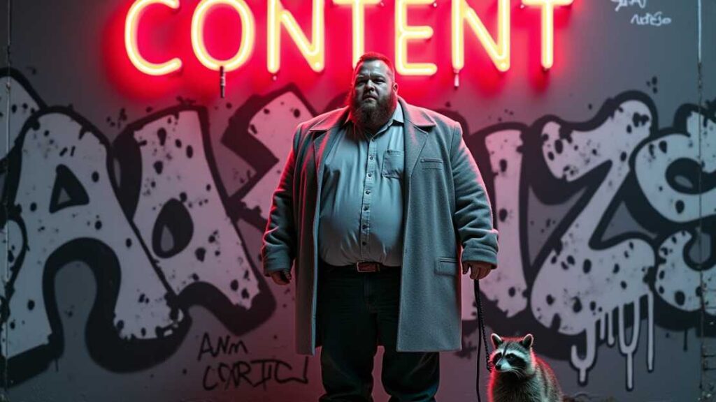 dicker mann mit waschbaer