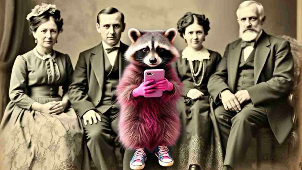 Pinker Waschbär mit pinken Smartphone in der Hand. Trägt Speaker und steht vor einem Bild, das eine klassische Familie aus dem 19 Jahrhundert in Schwarzweiß zeigt.