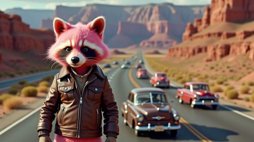 waschbaer auf highway. Er trägt eine Lederjacke und hinter ihm sieht man den Grand Canyon und sehr viele alte Autos aus den 50er Jahren