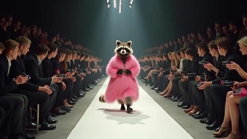 Menschengroßer Waschbär mit Pinker Felljacke auf einem Laufsteg bei einer Modenschau der auf den Fotografen zu läuft. Links und rechts viele Zuschauer.