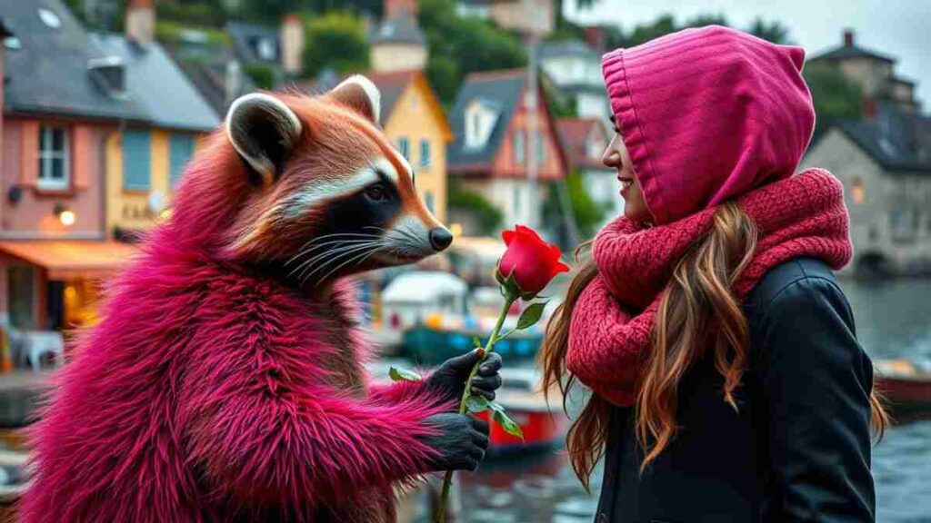 Pinker Waschbär vor französischem Fischerdorf stehend und eine Rose haltend. Diese überreicht er einen wunderschönen Frau mit braunen Haaren, die man von der Seite im Profil sieht und die eine rosa Kapuze sowie eine schwarze Jacke und einen roten Schal trägt. Sie freut sich sehr.