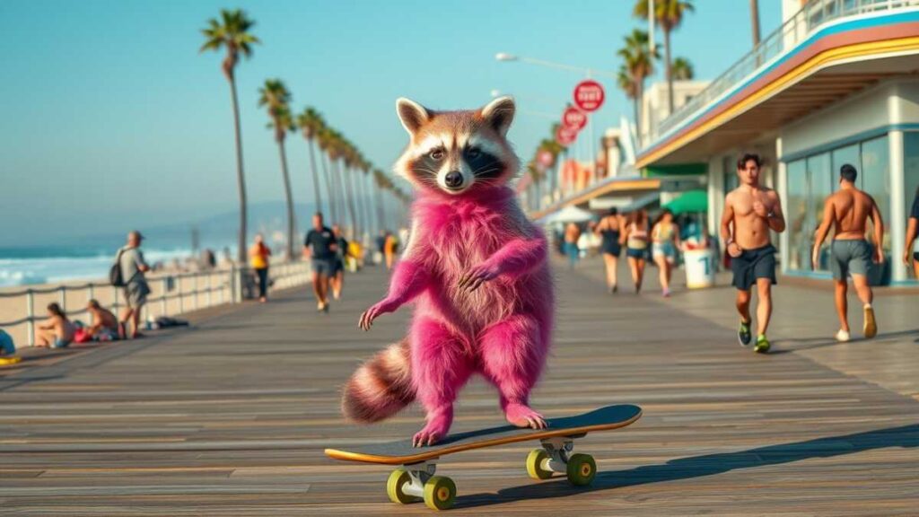 Pinker Waschbär auf Skateboard an Standpromenade vor Meer und Strand mit Palmen. Im Hintergrund sind Passanten und Strandshops.