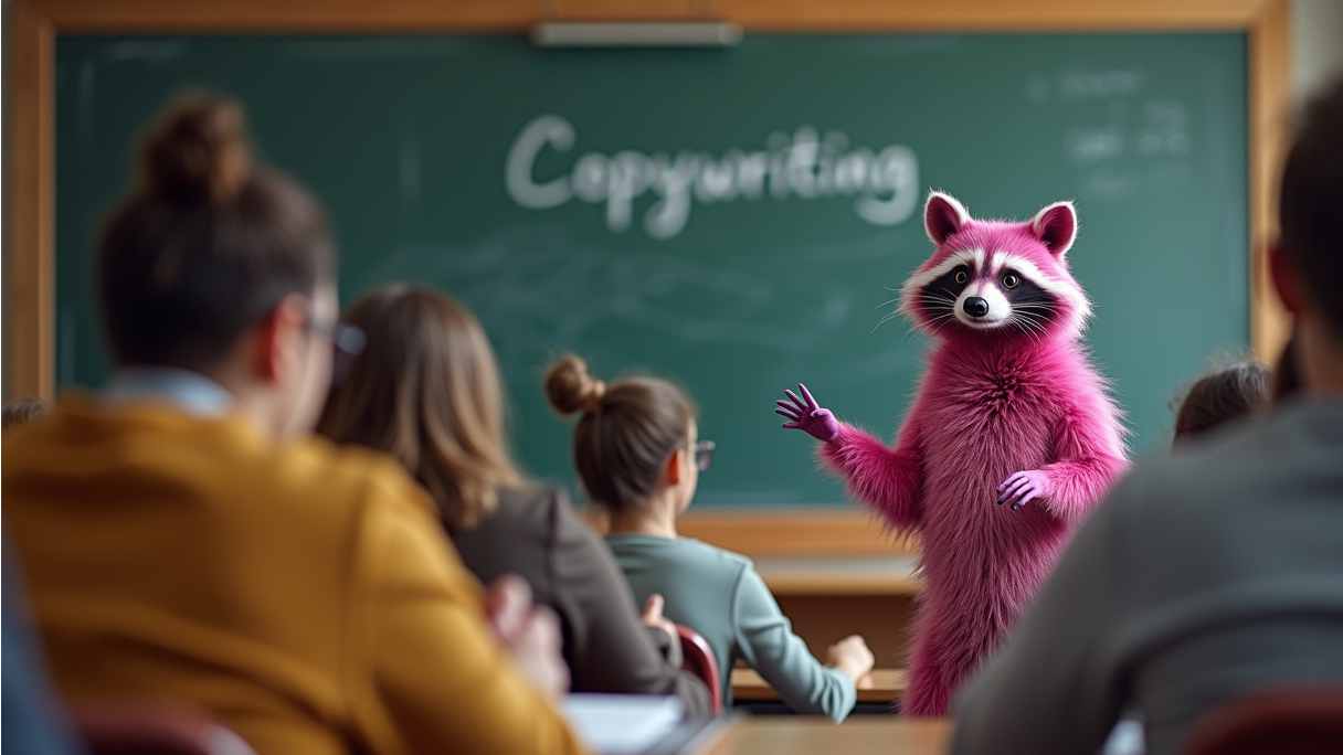 pinken waschbär vor studierenden stehend im hörsaal vor einer Tafel